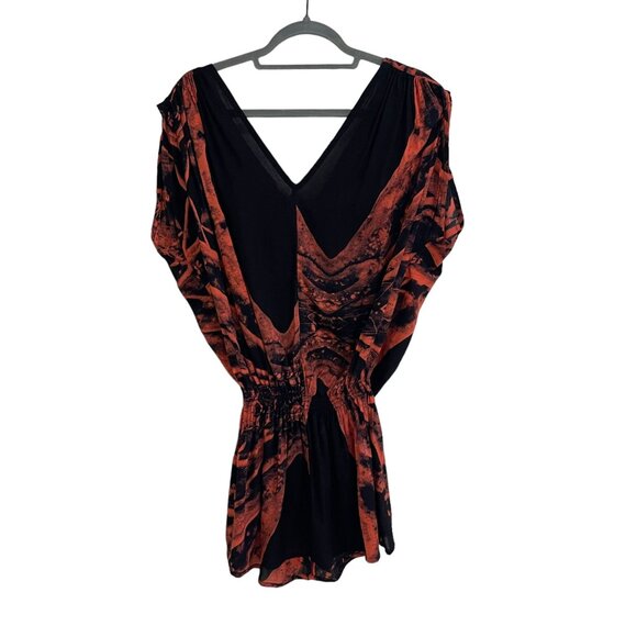 Luna May Handmade Black & Orange Abstract Print Rayon V-Neck Mini Dress Size S - Picture 2 of 8
